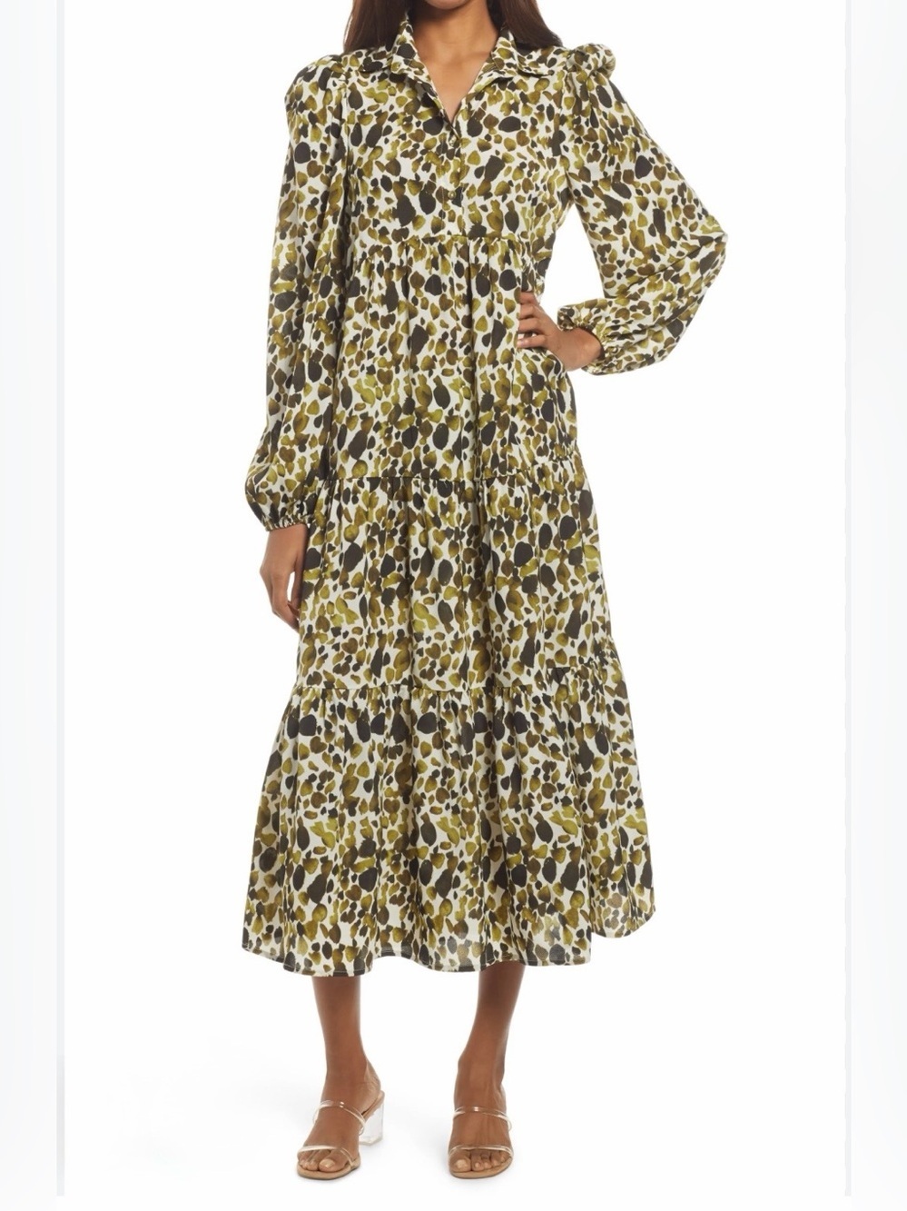 Never Fully Dressed Tiered Smock Top Midi Dress In Green Smudge US 8
